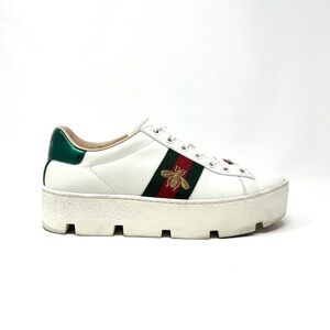 Gucci Ace Bee Platform White Leather Sneakers Shoes Logo Low Top Chunky 36.5 6.5